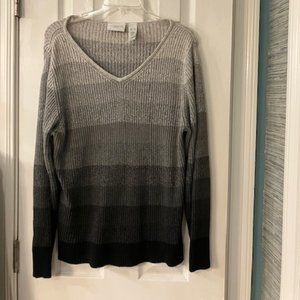 LIZ CLAIBORNE - Size XL - 9 Shades of Gray Striped V-Neck Ribbed Sweater - EUC!